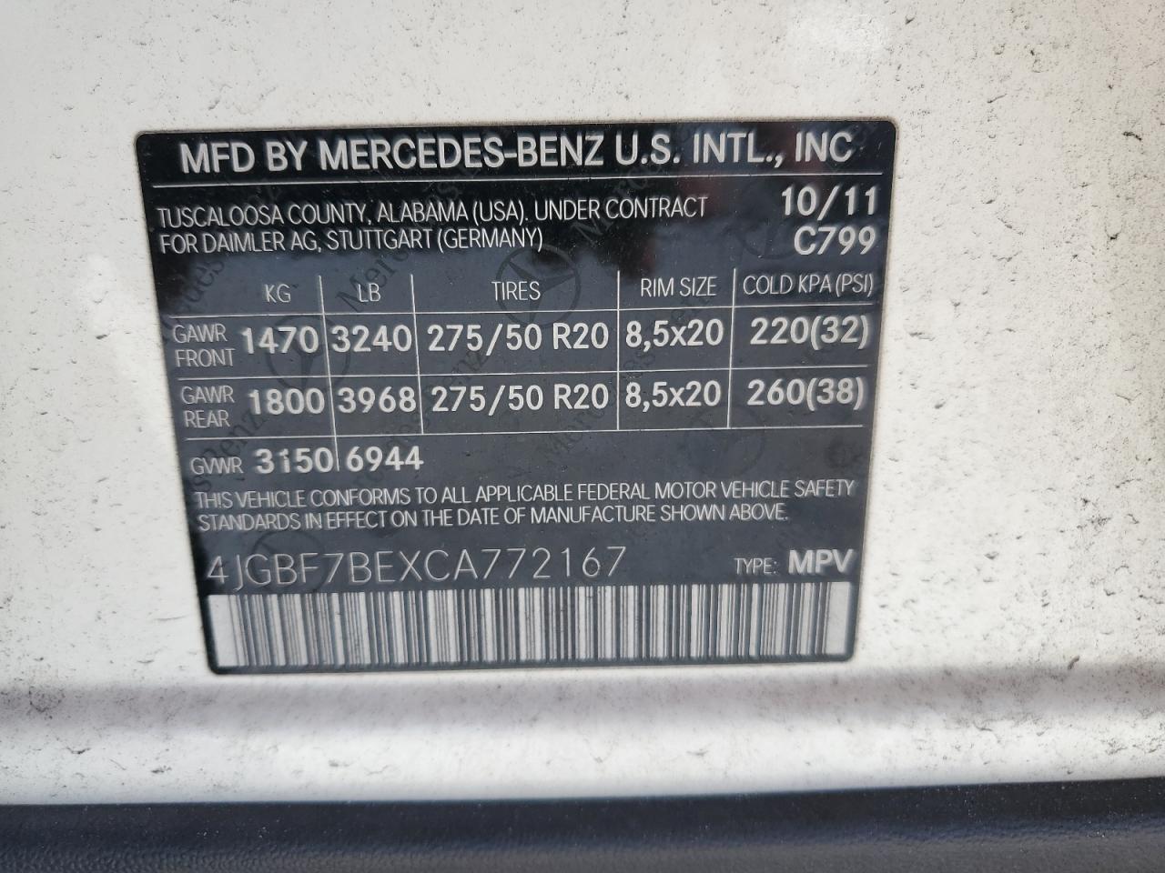 4JGBF7BEXCA772167 2012 Mercedes-Benz Gl 450 4Matic