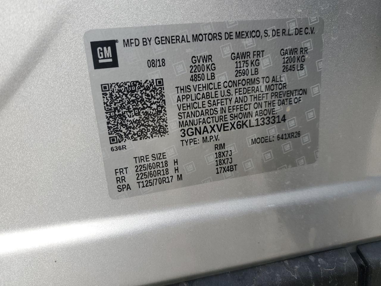 3GNAXVEX6KL133314 2019 Chevrolet Equinox Lt