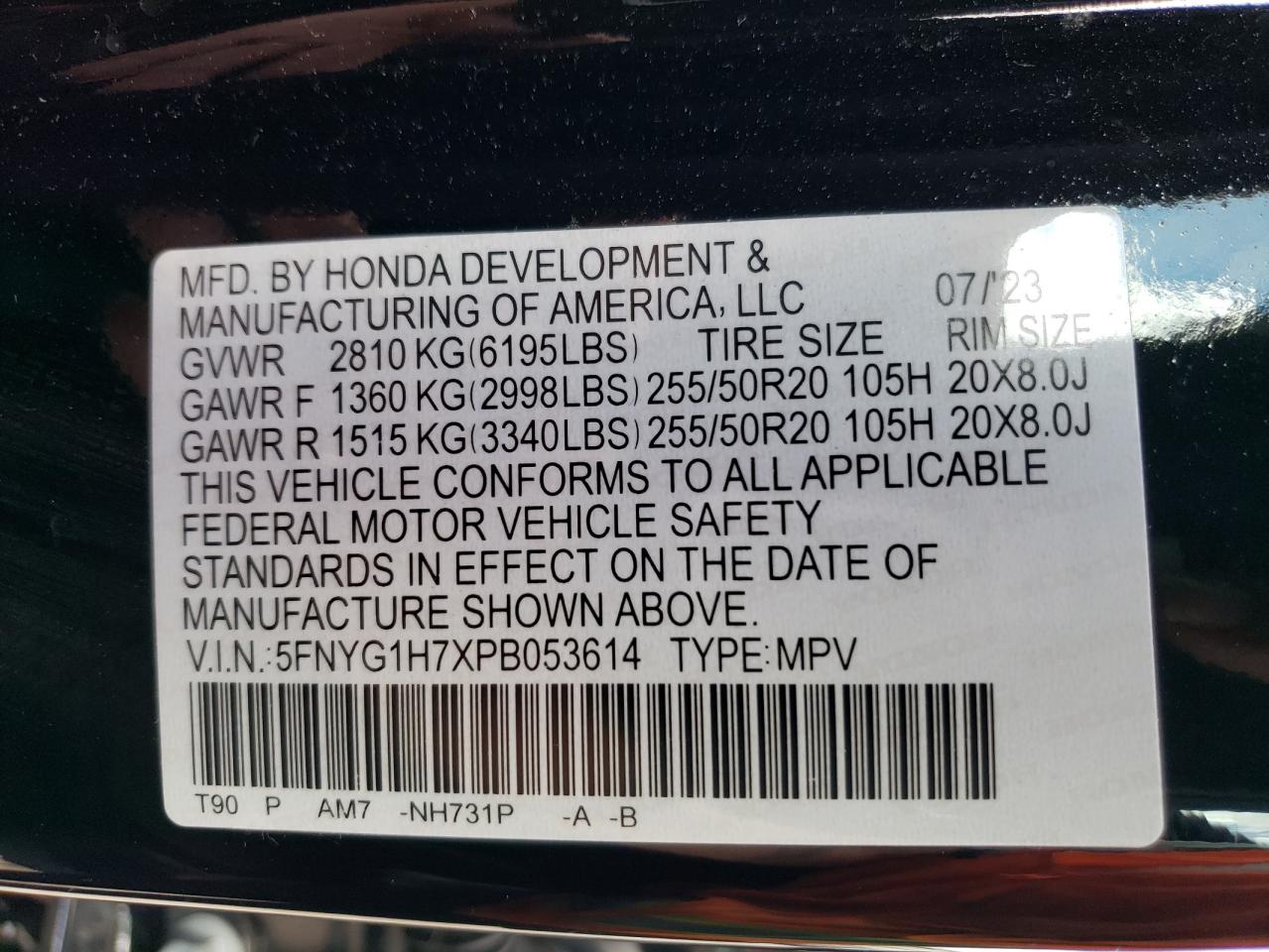5FNYG1H7XPB053614 2023 Honda Pilot Touring