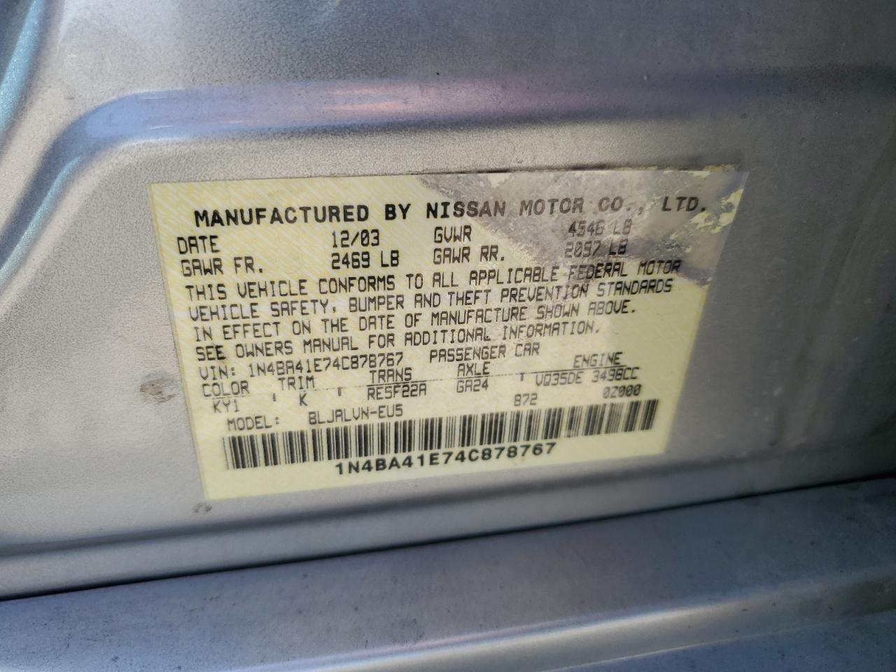 1N4BA41E74C878767 2004 Nissan Maxima Se