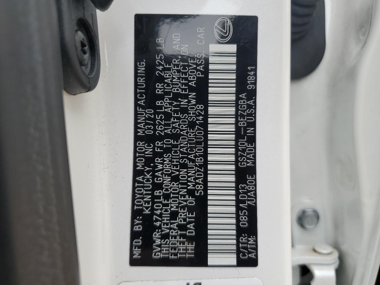 58ADZ1B10LU071428 2020 Lexus Es 350