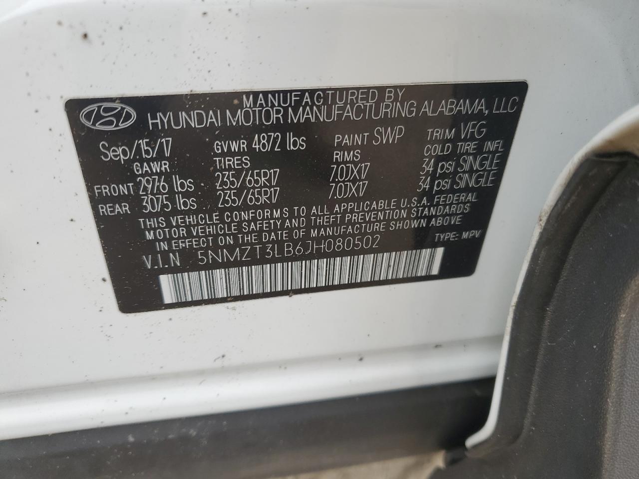 5NMZT3LB6JH080502 2018 Hyundai Santa Fe Sport