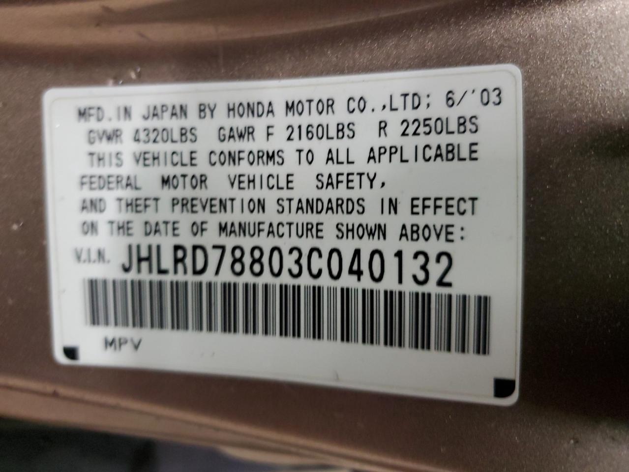 JHLRD78803C040132 2003 Honda Cr-V Ex