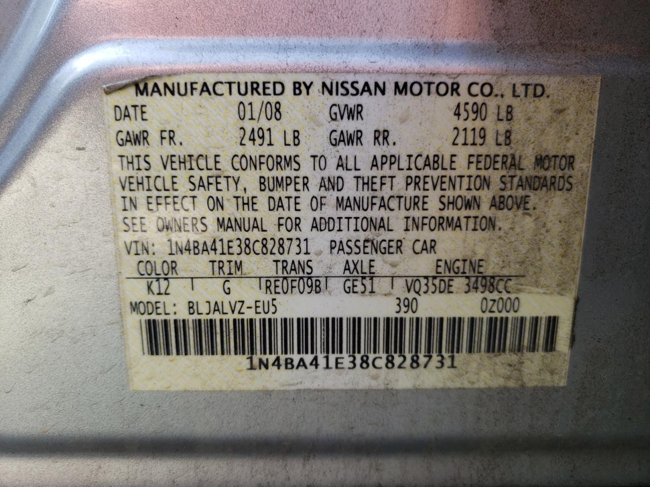 1N4BA41E38C828731 2008 Nissan Maxima Se