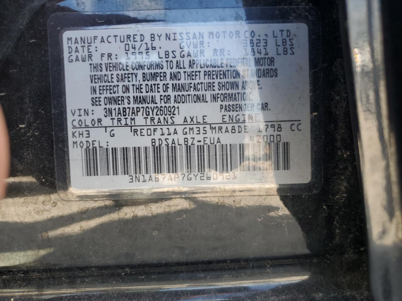 3N1AB7AP7GY260921 2016 Nissan Sentra S