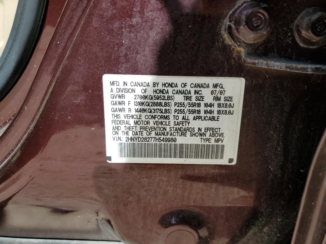 2HNYD28277H549980 2007 Acura Mdx