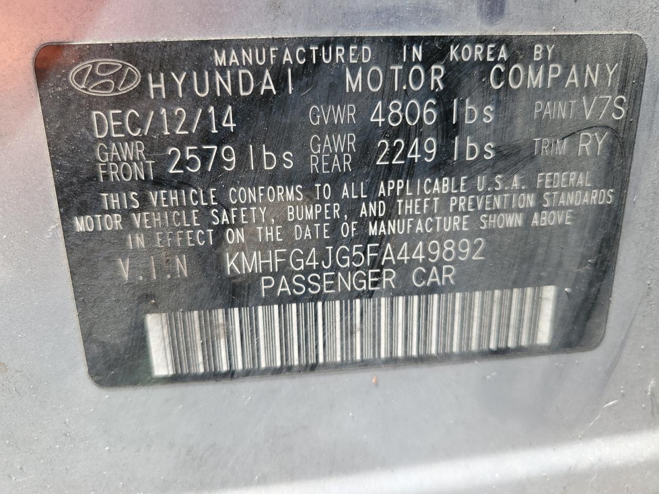 KMHFG4JG5FA449892 2015 Hyundai Azera