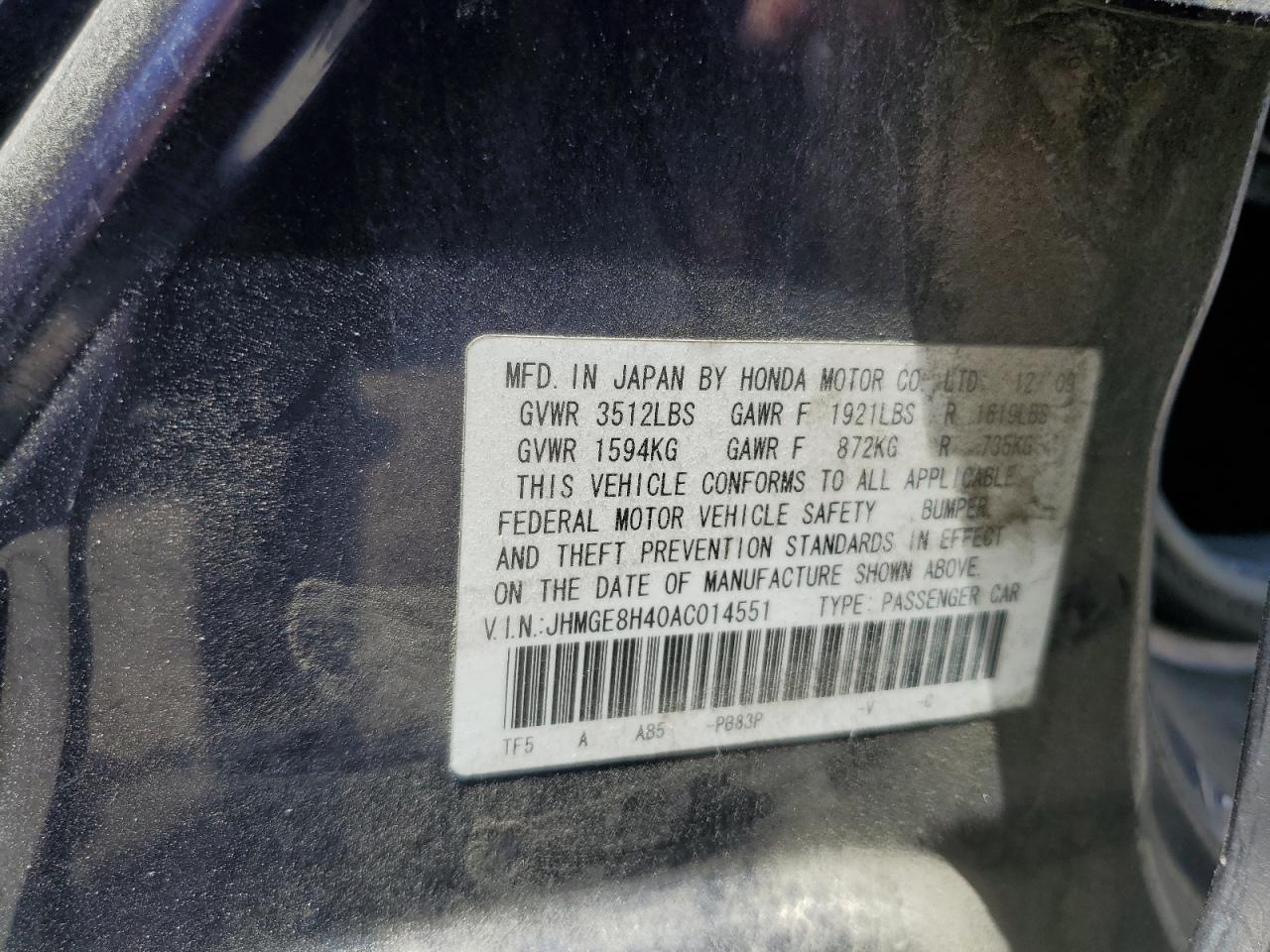 JHMGE8H40AC014551 2010 Honda Fit Sport