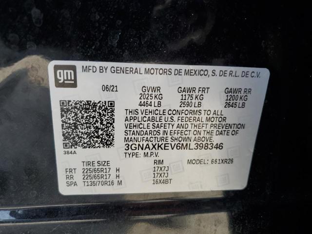 2021 Chevrolet Equinox Lt VIN: 3GNAXKEV6ML398346 Lot: 54765974