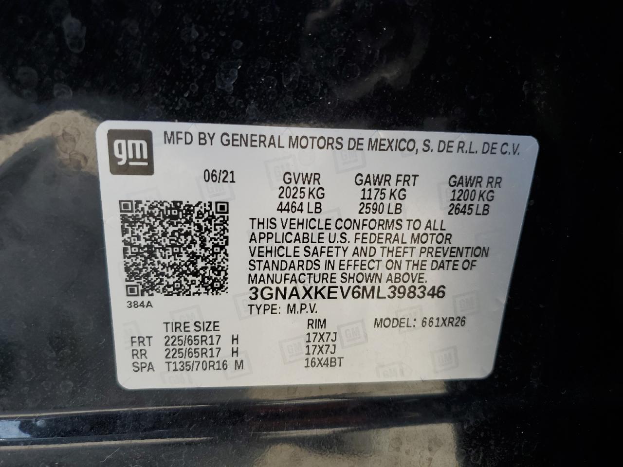 3GNAXKEV6ML398346 2021 Chevrolet Equinox Lt