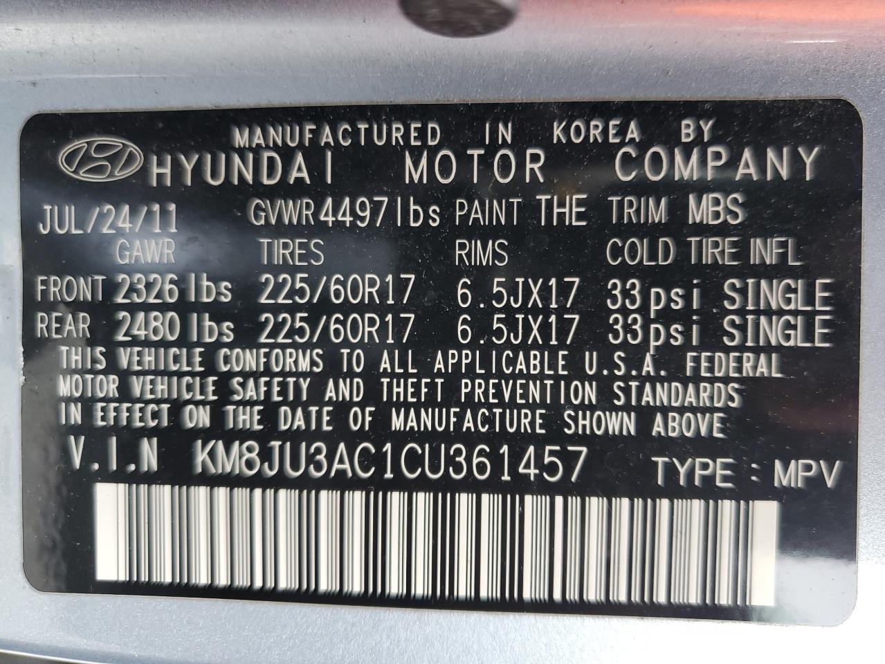 KM8JU3AC1CU361457 2012 Hyundai Tucson Gls