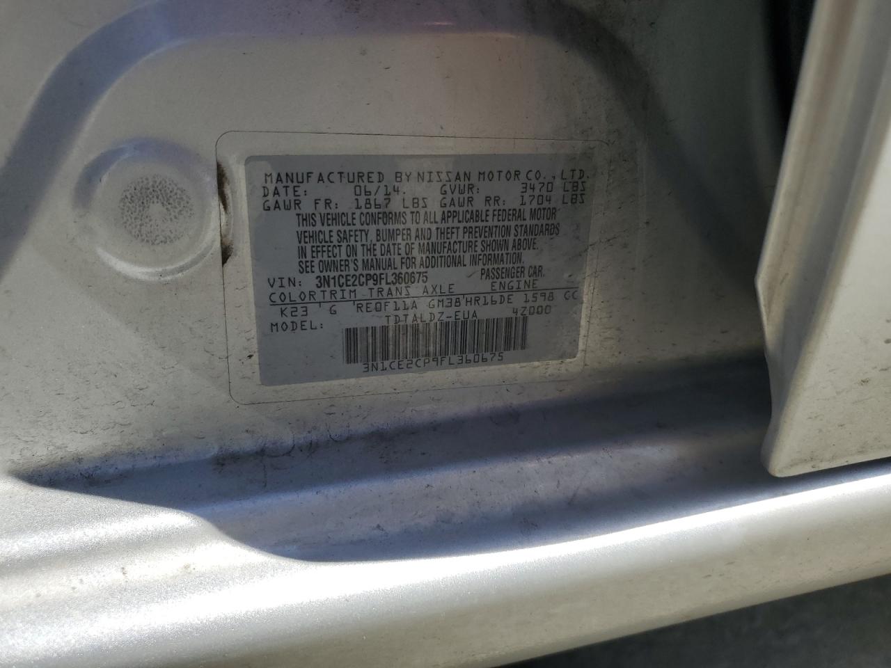 3N1CE2CP9FL360675 2015 Nissan Versa Note S