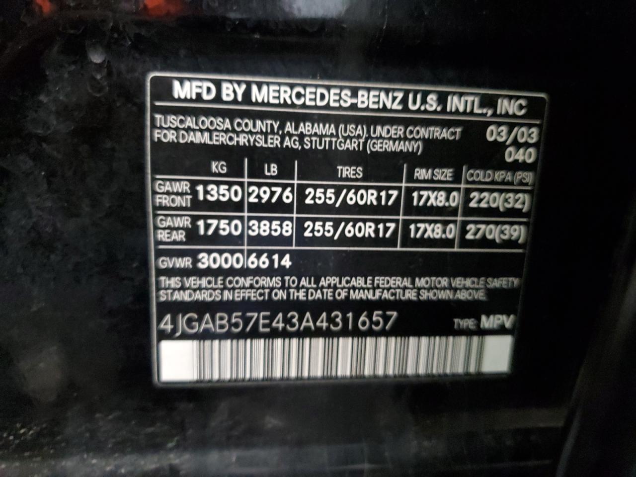 4JGAB57E43A431657 2003 Mercedes-Benz Ml 350