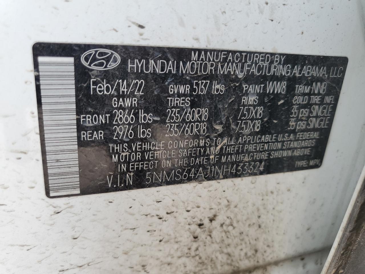 5NMS64AJ1NH433324 2022 Hyundai Santa Fe Sel