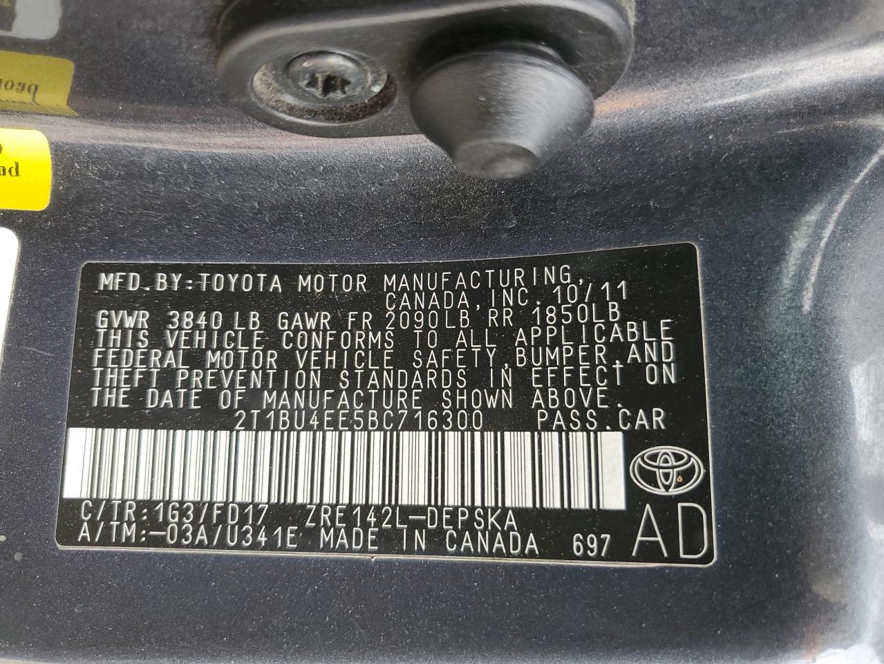 2T1BU4EE5BC716300 2011 Toyota Corolla Base