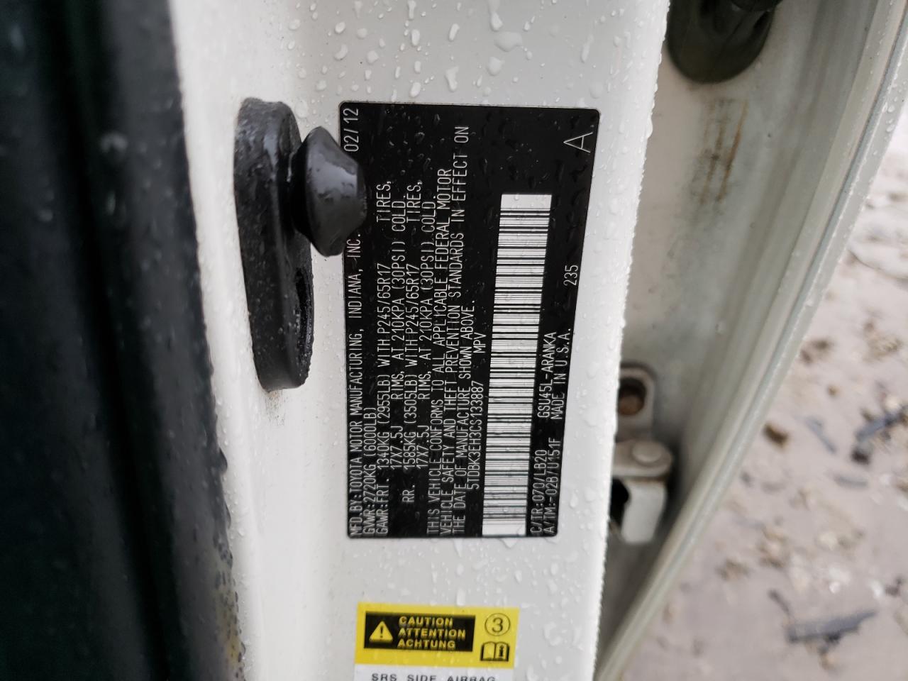 5TDBK3EH3CS133887 2012 Toyota Highlander Base