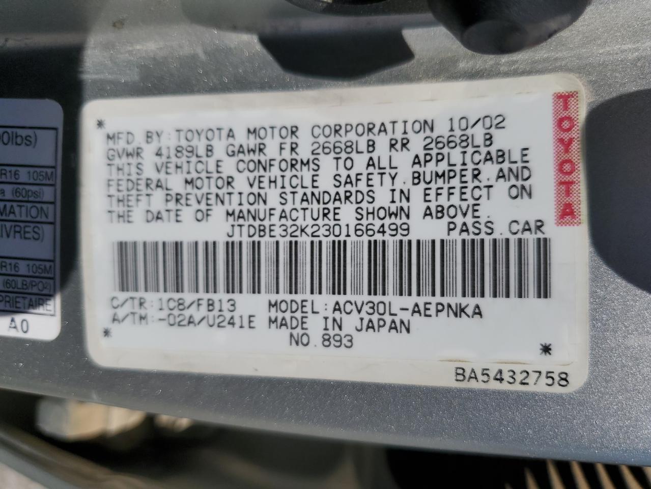 JTDBE32K230166499 2003 Toyota Camry Le