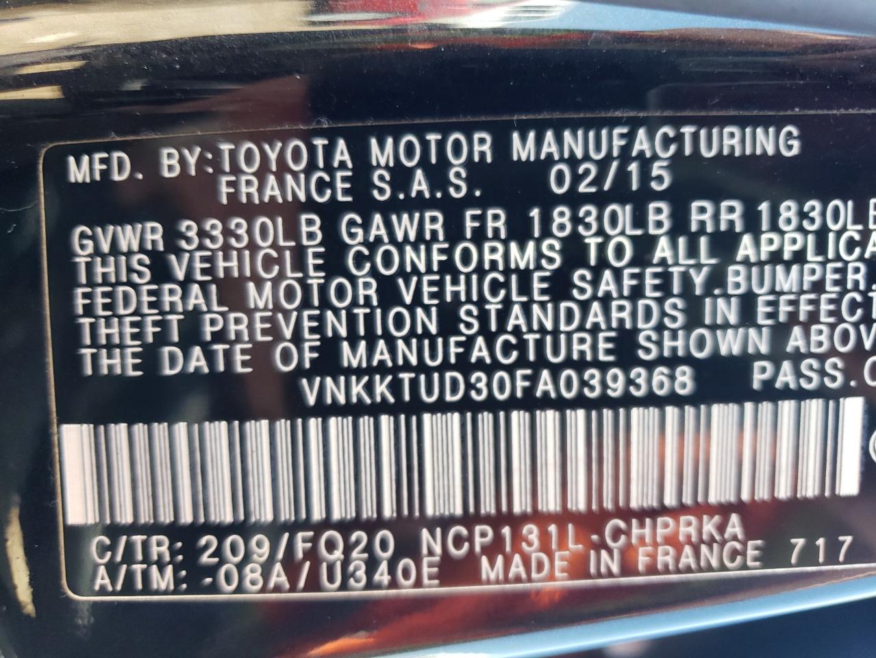 VNKKTUD30FA039368 2015 Toyota Yaris