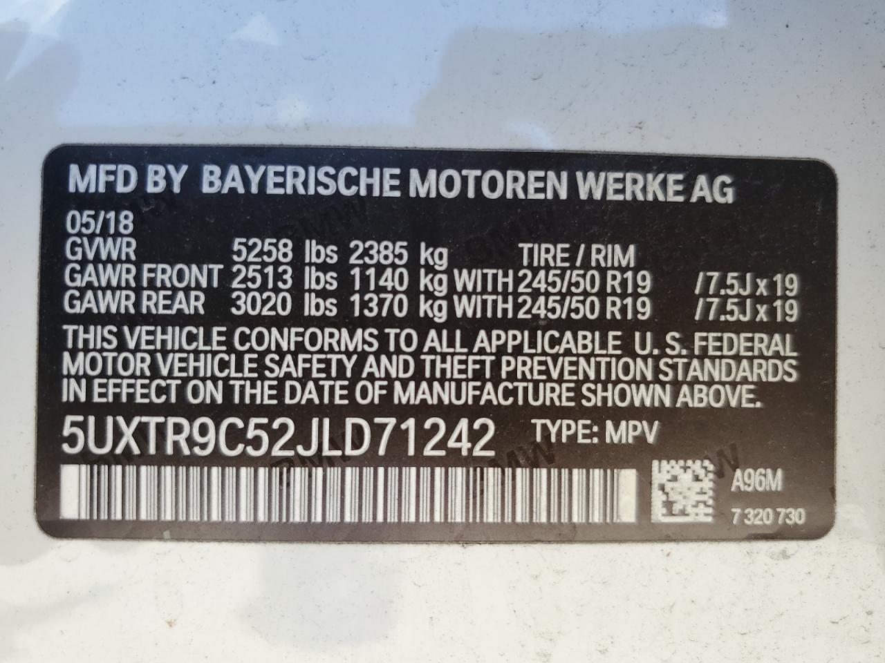 5UXTR9C52JLD71242 2018 BMW X3 xDrive30I