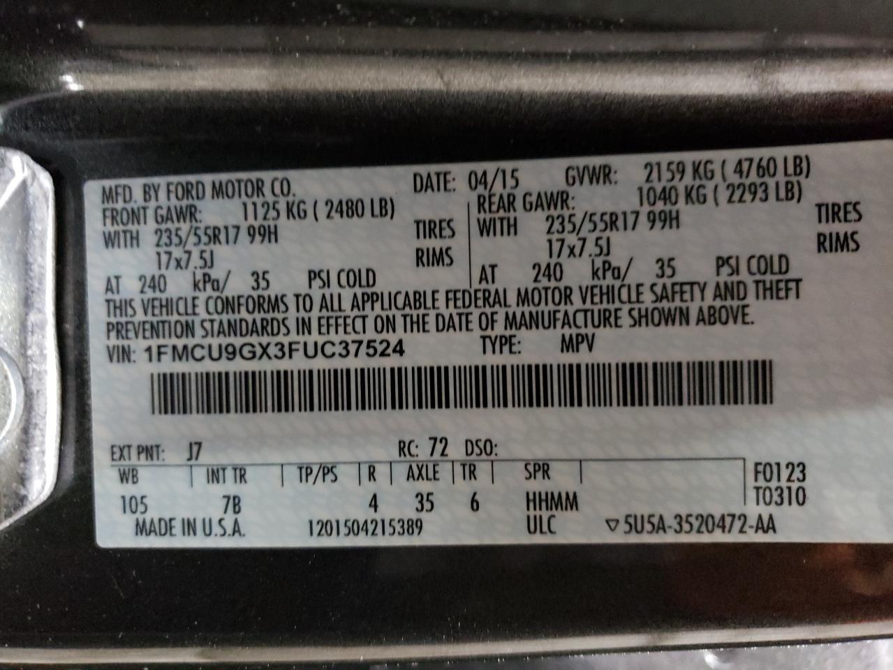 1FMCU9GX3FUC37524 2015 Ford Escape Se