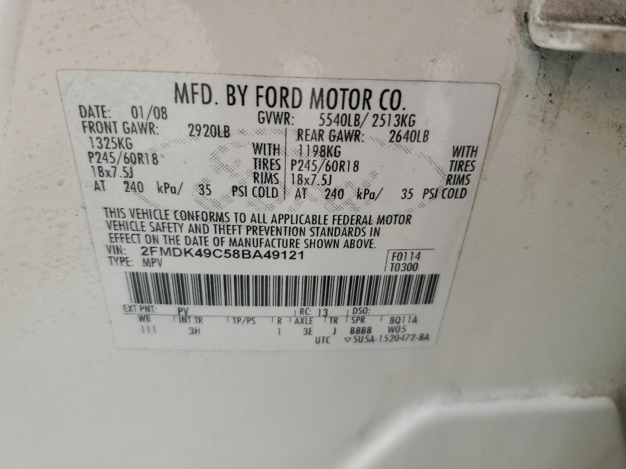 2FMDK49C58BA49121 2008 Ford Edge Limited