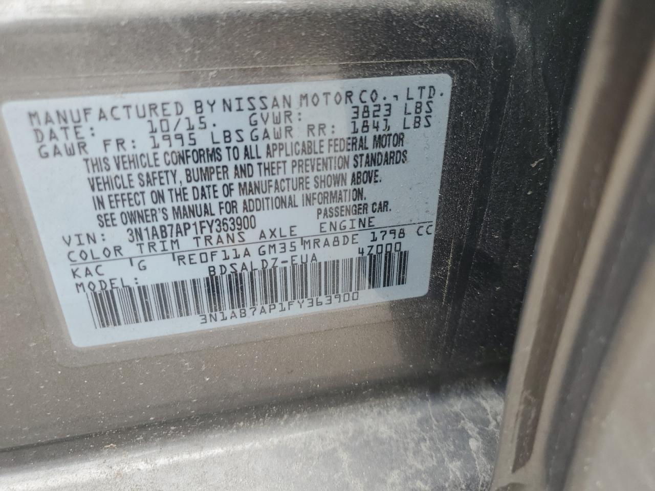 3N1AB7AP1FY363900 2015 Nissan Sentra S