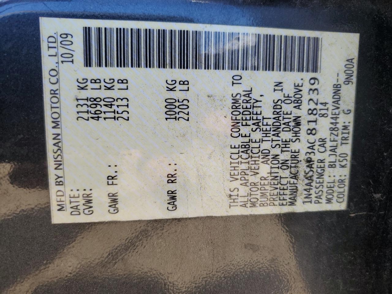 1N4AA5AP3AC818239 2010 Nissan Maxima S