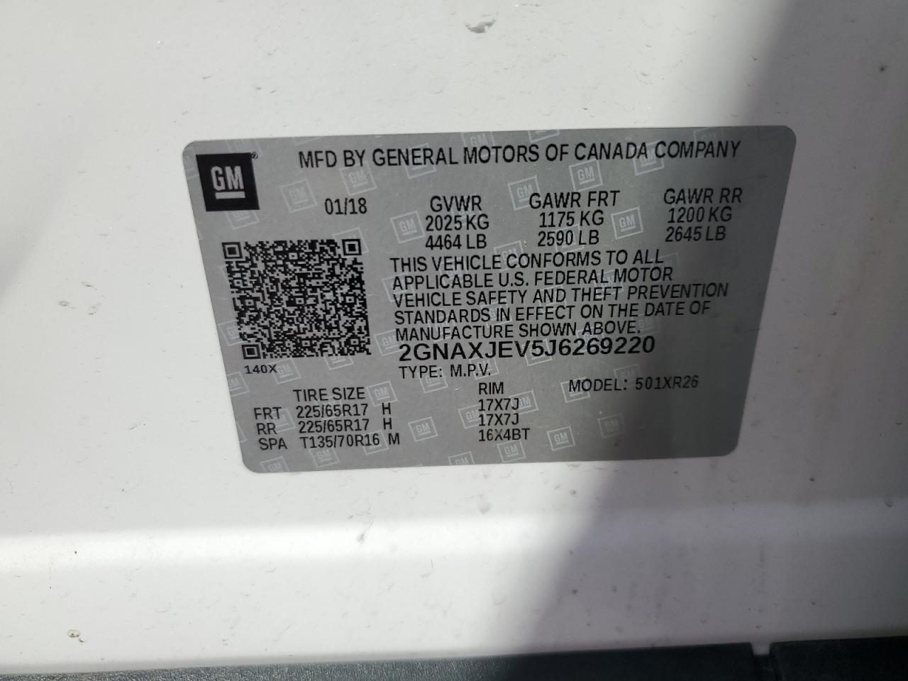 2GNAXJEV5J6269220 2018 Chevrolet Equinox Lt