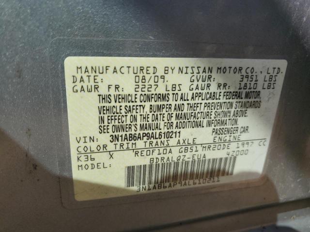 2010 Nissan Sentra 2.0 VIN: 3N1AB6AP9AL610211 Lot: 56607014