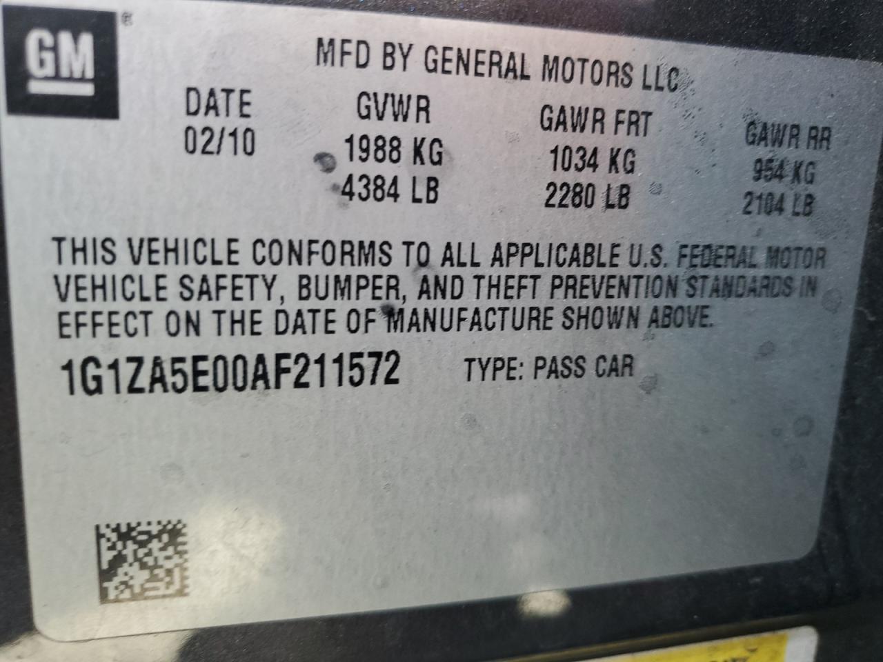 1G1ZA5E00AF211572 2010 Chevrolet Malibu Ls