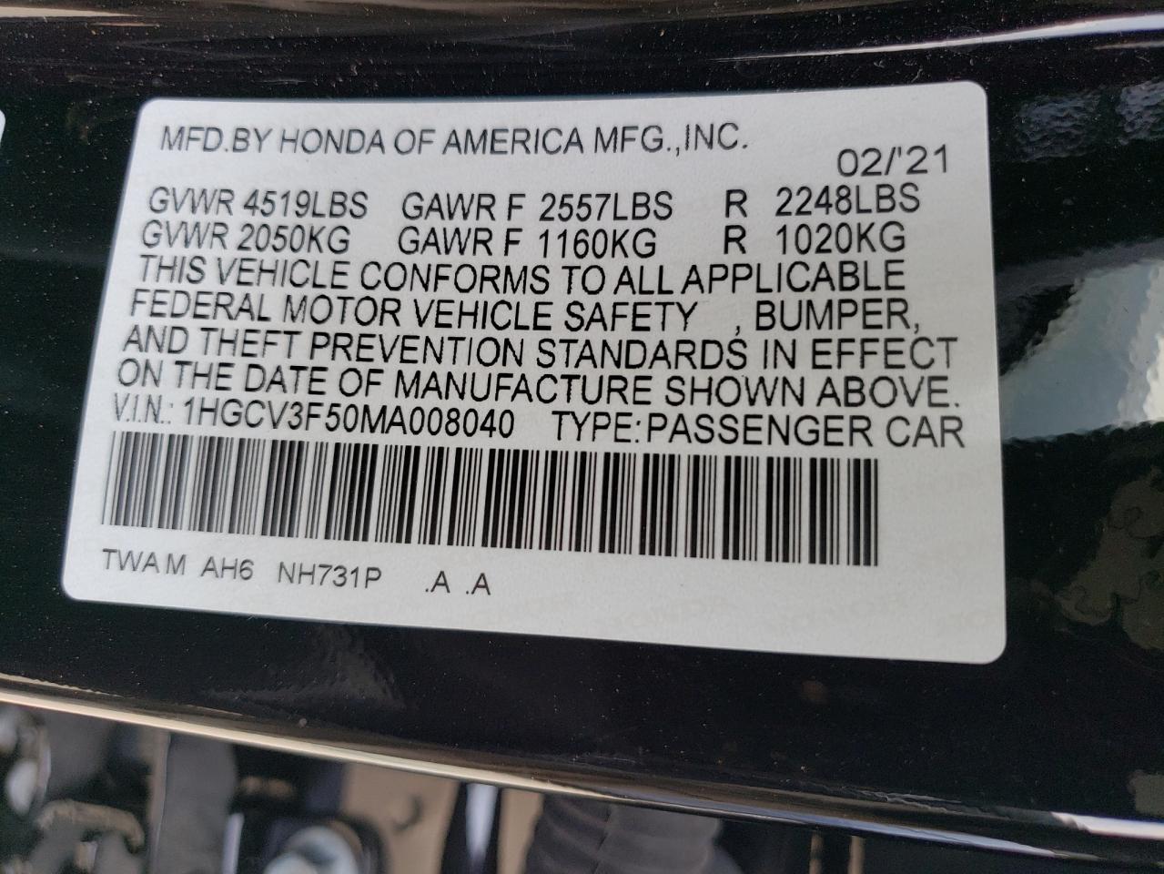 1HGCV3F50MA008040 2021 Honda Accord Hybrid Exl