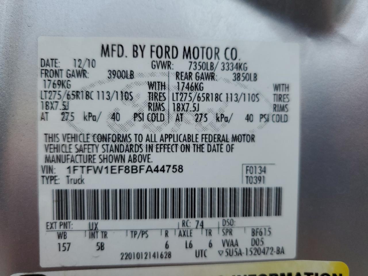 1FTFW1EF8BFA44758 2011 Ford F150 Supercrew