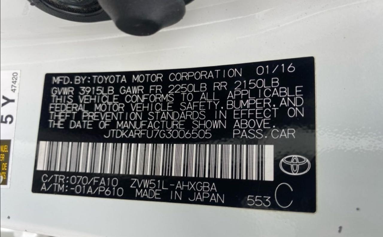 2016 Toyota Prius vin: JTDKARFU7G3006505