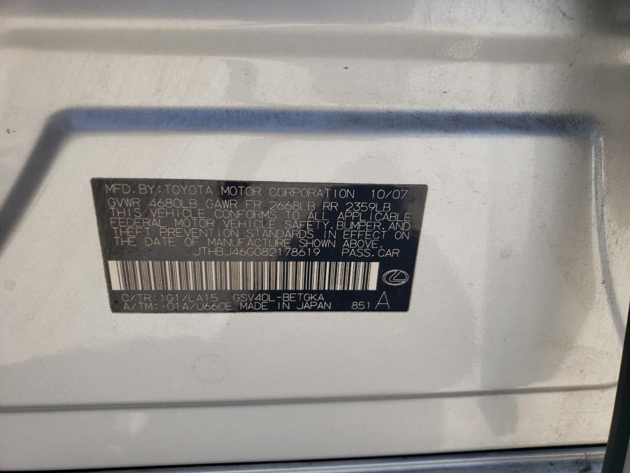 JTHBJ46G082178619 2008 Lexus Es 350