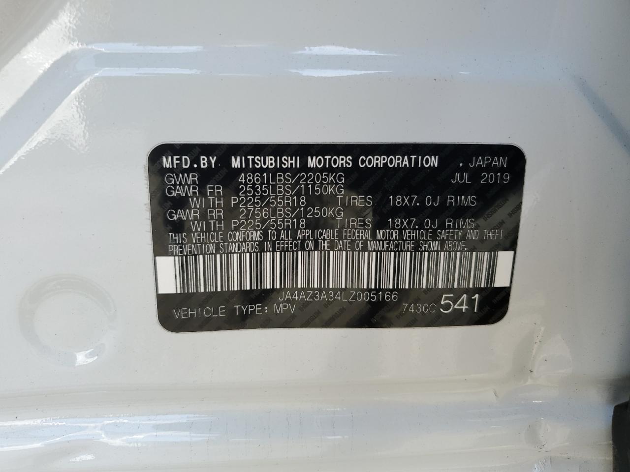 JA4AZ3A34LZ005166 2020 Mitsubishi Outlander Se