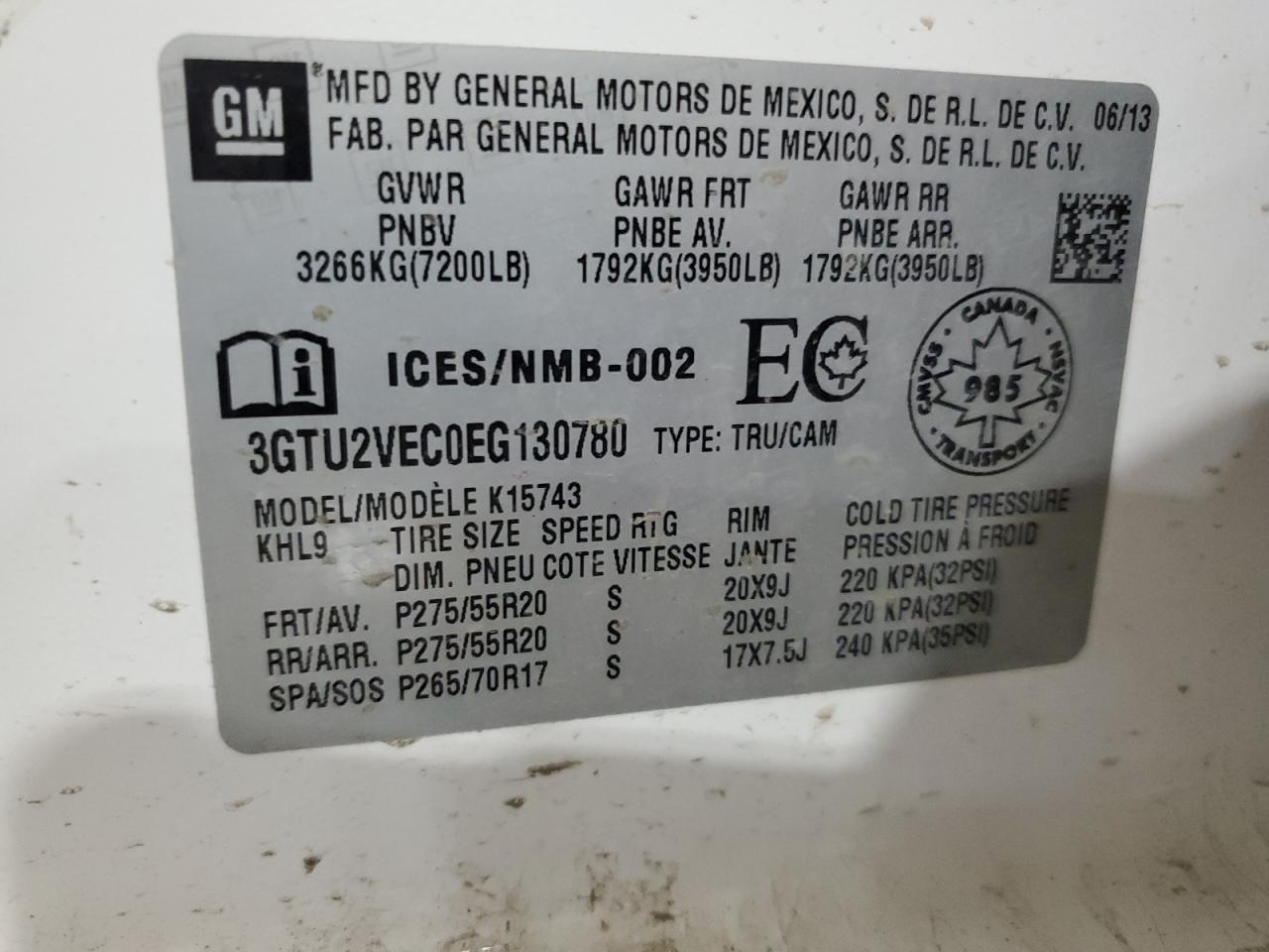 3GTU2VEC0EG130780 2014 GMC Sierra K1500 Slt