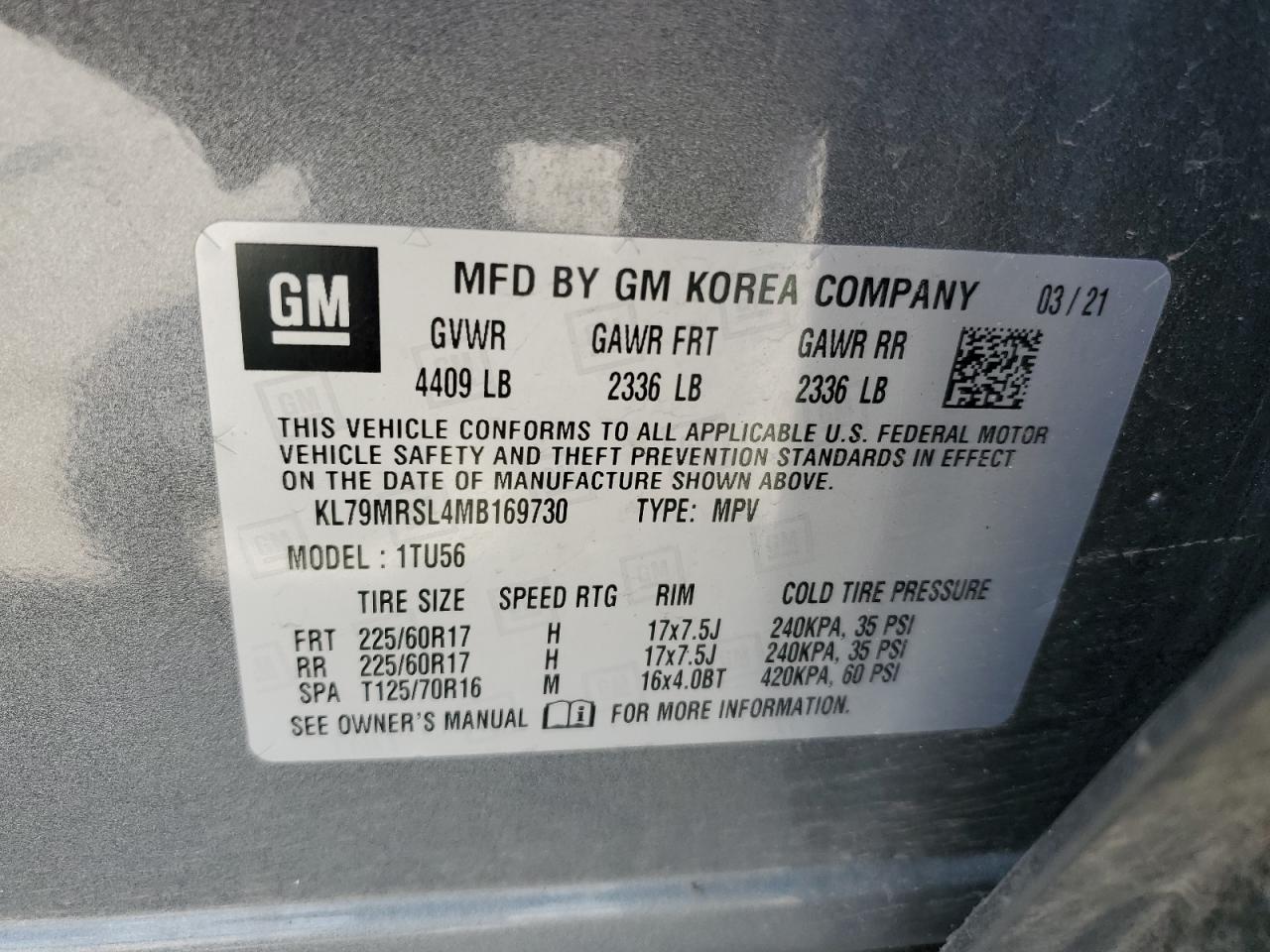 KL79MRSL4MB169730 2021 Chevrolet Trailblazer Lt