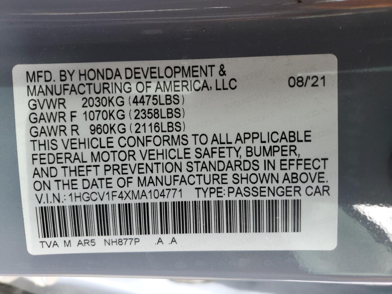 2021 Honda Accord Sport Se vin: 1HGCV1F4XMA104771