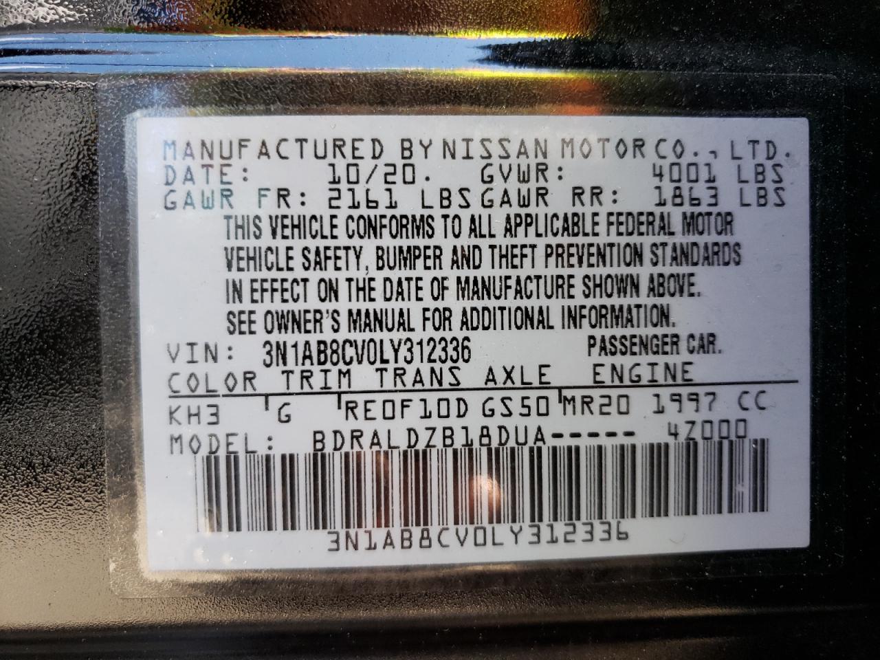 3N1AB8CV0LY312336 2020 Nissan Sentra Sv