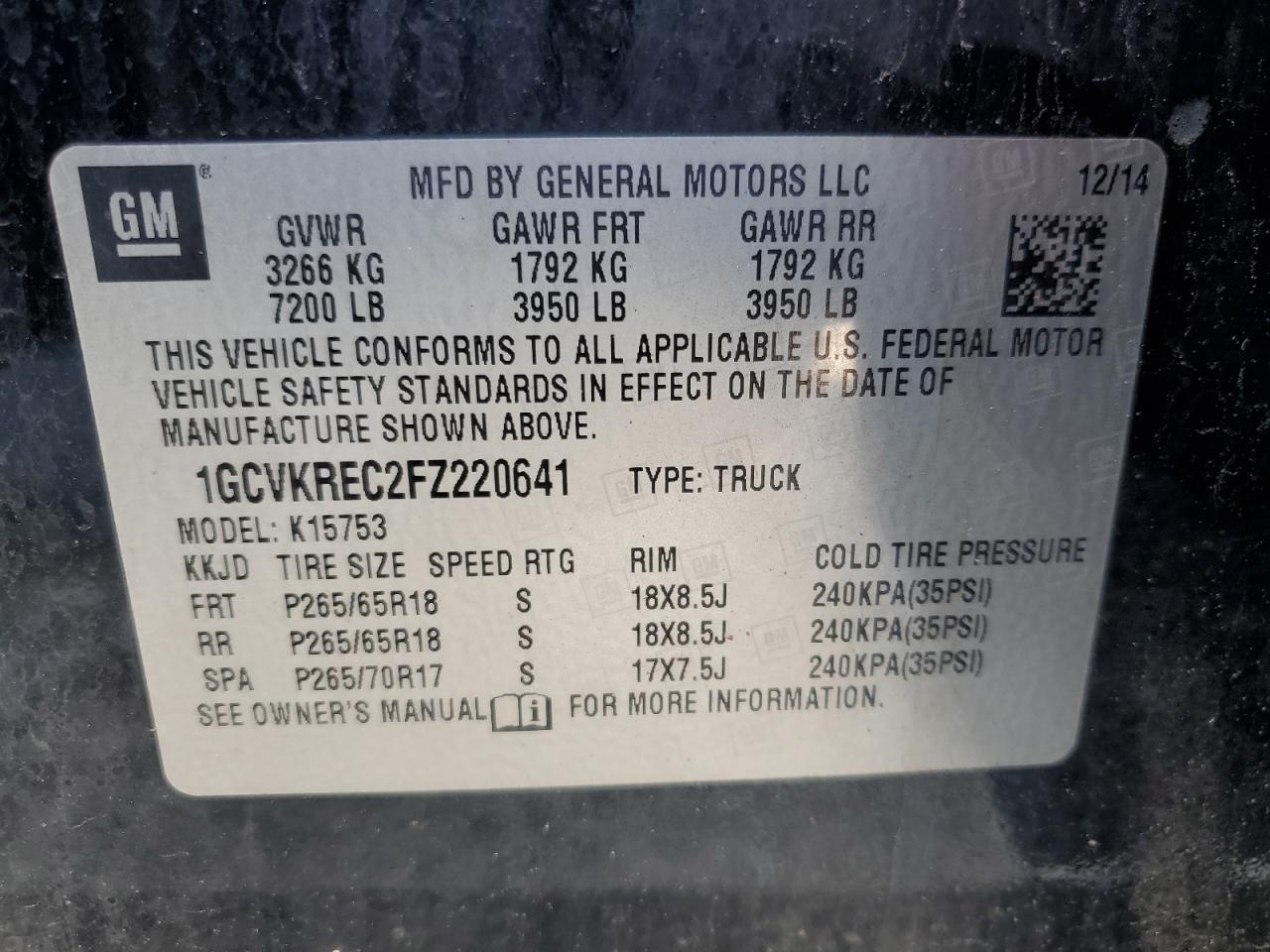 1GCVKREC2FZ220641 2015 Chevrolet Silverado K1500 Lt