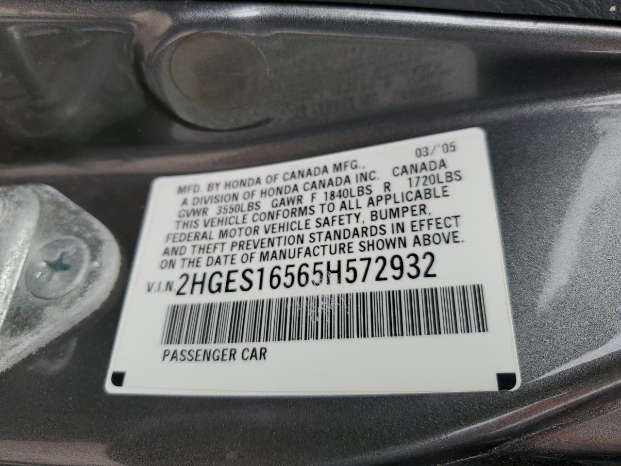 2HGES16565H572932 2005 Honda Civic Lx