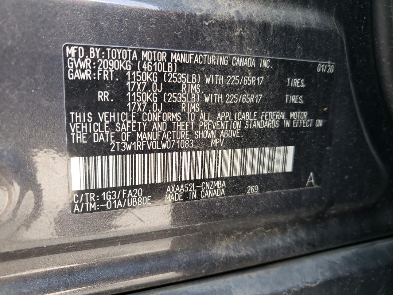 2T3W1RFV0LW071083 2020 Toyota Rav4 Xle