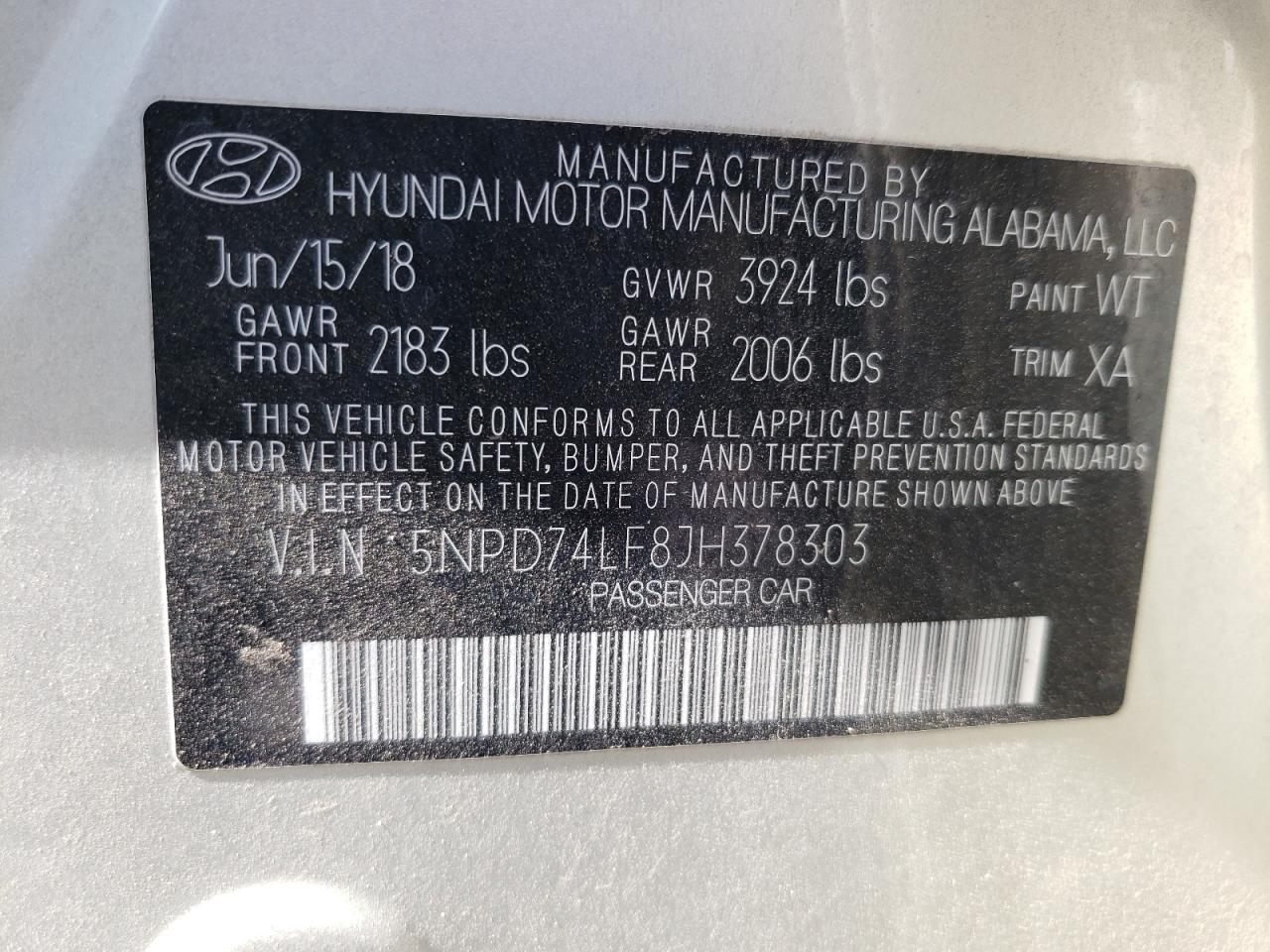 5NPD74LF8JH378303 2018 Hyundai Elantra Se