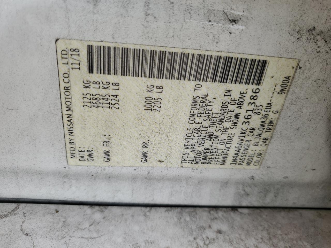 1N4AA6AV1KC361386 2019 Nissan Maxima S