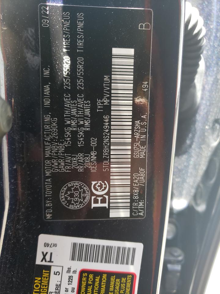 5TDLZRBH2NS249446 2022 Toyota Highlander Xse