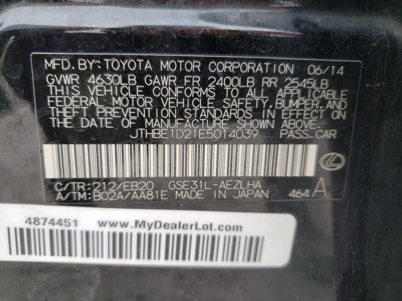 JTHBE1D21E5014039 2014 Lexus Is 350