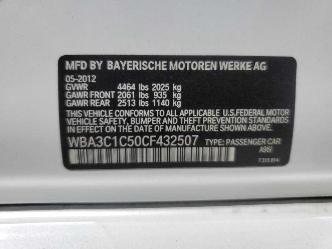 WBA3C1C50CF432507 2012 BMW 328 I Sulev
