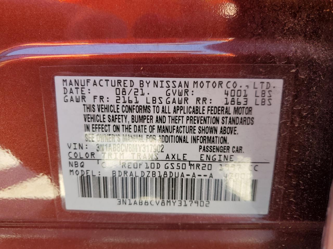 3N1AB8CV8MY317902 2021 Nissan Sentra Sv