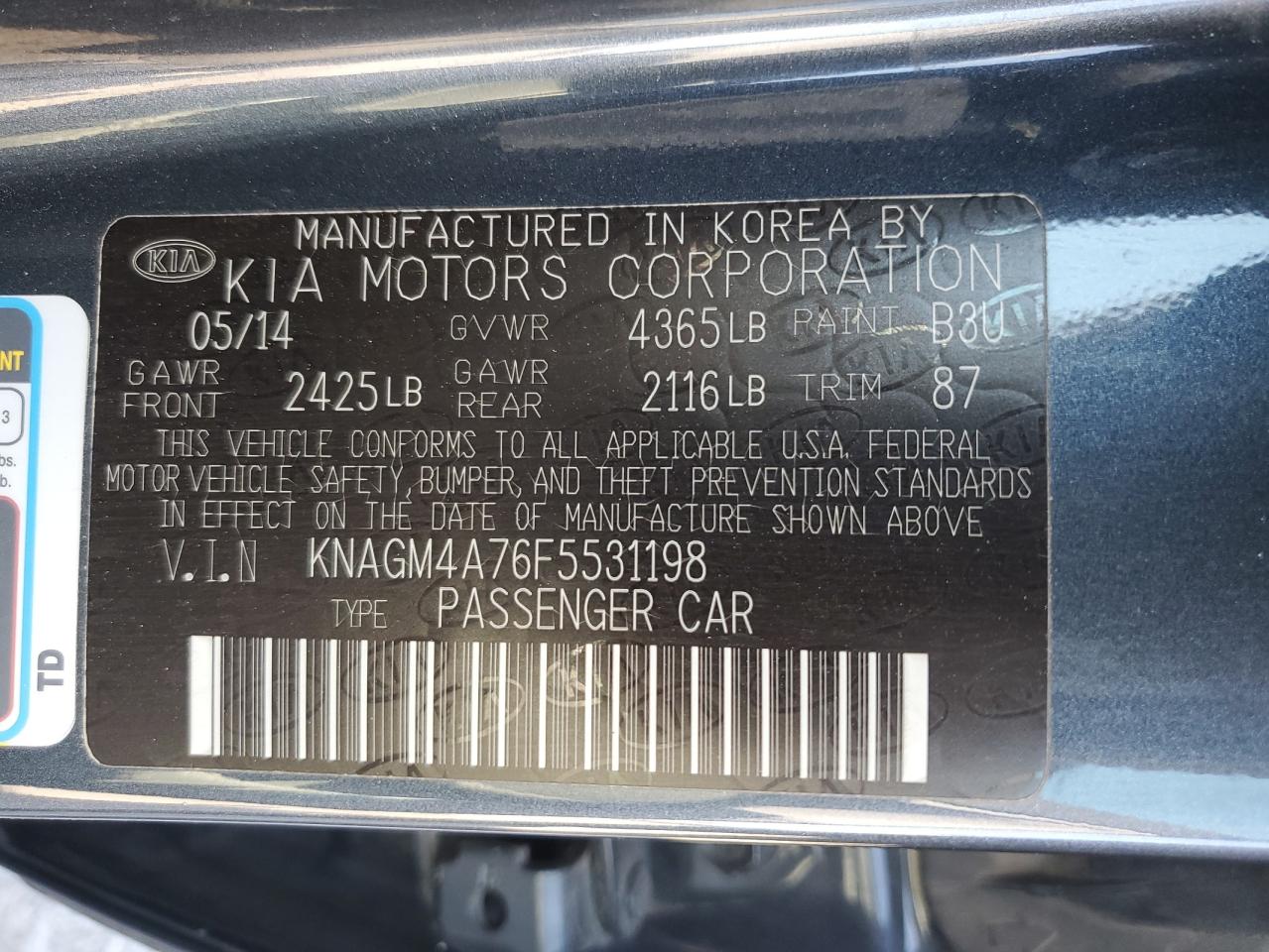 KNAGM4A76F5531198 2015 Kia Optima Lx