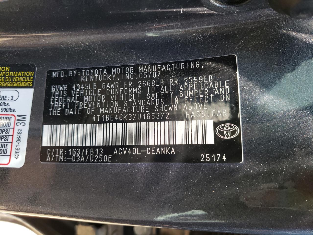 4T1BE46K37U165372 2007 Toyota Camry Ce